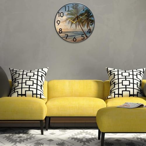 Naanle 3D Beautiful Summer Sunset Beach Palm Tree Round Wall Clock, 12 Inch Silent Battery Operated Quartz Analog Quiet Desk Clock for Home,Office,School,Cafe