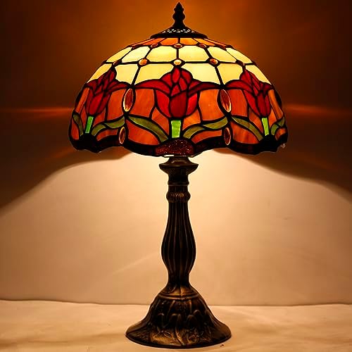 WERFACTORY Tiffany Table Lamp Stained Glass Style Tulip Flower Bedside Reading Desk Light 12X12X18 Inches Decor Bedroom Living Room Home Office S030 Series