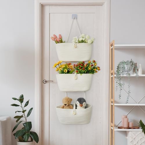 TeoKJ Over the Door Hanging Baskets with Wooden Button, 3-Tier Wall-Mounted Decorative Nursery Kitchen Baskets, White