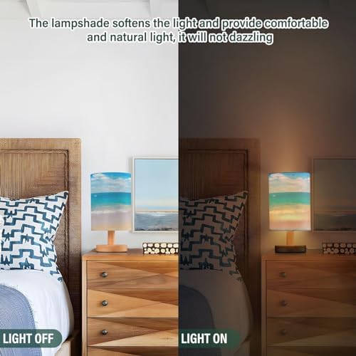 Table Lamp Tropical Sea Summer Blue Ocean with Beach White Cloud on Sky Nightstand Lamp with Wood Base Fabric Lamp Shade Bedside Desk Lamp for Living Room Bedroom Kids Room Office