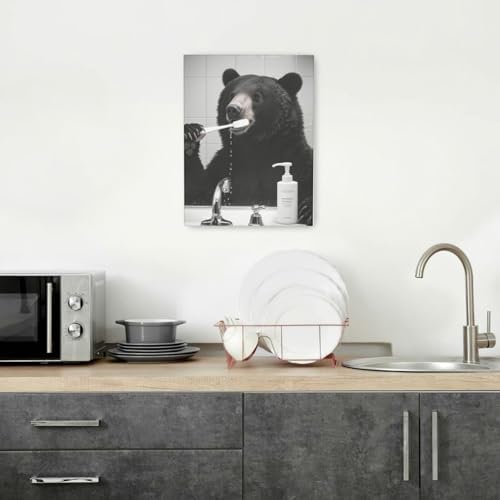 Crekviy Funny Black Bear Bathroom Decor Wall Art Bear Pictures Cute Animal Canvas Prints Painting Artwork Home Decorations Framed Gifts 12"x16"