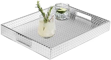 HofferRuffer Rectangle Serving Tray with Hole Handles for Coffee Table, Breakfast, Tea, Food, Butler - Countertop, Kitchen, Vanity Serve Tray, 16.2 x 12.2 x 2 inches, Faux Leather (Silver)