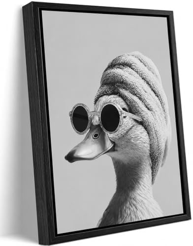 Framed Funny Bathroom Wall Art, Duck in Towel Canvas Print, Minimalist Black and White Humor Bathroom Animal Decor for Restroom Toilet 12x16in