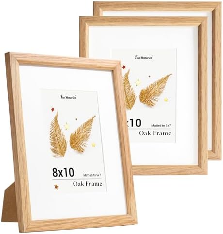 Fun Memories 8x10 Oak Picture Frame for Wall, 8x10 Frame with Matted to 5x7, Solid Wood Picture Frames for Wall Art Photo and Prints (Beige, 3 Pack)