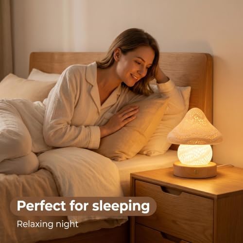 LONRISWAY Rechargeable 3D Print Mushroom Hollow Out Shadow Night Light, Wooden Base Touch Dimmable LED Table Lamp, 900mAh Type-C Rechargeable Ambient Lamp for Bedroom Home Decor 13 * 13 * 15cm