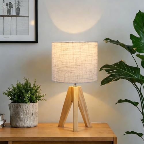 Tripod Table Lamp, Small Bedside Night Stand Lamp with 3 Colors, Decorative Lamp for Bedroom, Nursery, Living Room (Bulb Included) (Natural Wood)
