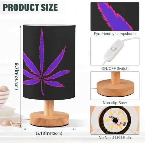 Table Lamp Neon Purple Marijuana Leaf Cannabis Weed Leaves on Black Nightstand Lamp with Wood Base Fabric Lamp Shade Bedside Desk Lamp for Living Room Bedroom Kids Room Office