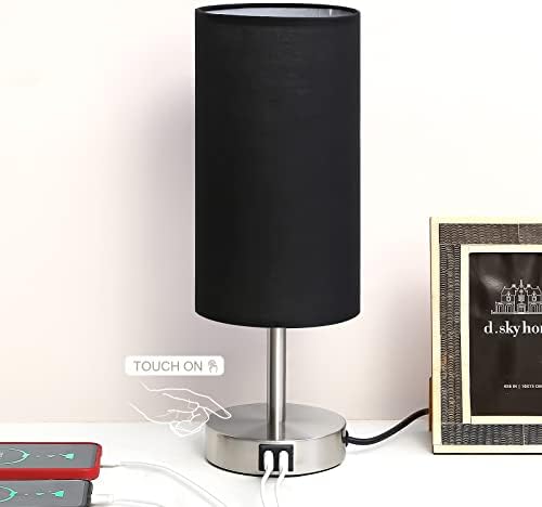 Bedside Lamp with USB Port - Touch Control Table Lamp for Bedroom Wood 3 Way Dimmable Nightstand Lamp with Round Black Shade for Living Room, Dorm, Home Office (LED Bulb Included) (Blacl2)
