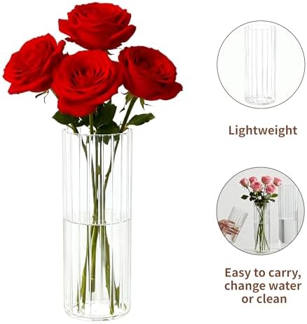Flower Vase, Non-breakable Vase for Flower, Ribbed Acrylic Vase, 5"W x 16"H Tall Clear Cylinder Vases for Centerpieces, Living Room, Dining Table, Office, Bookshelf Decoration Housewarming Gift