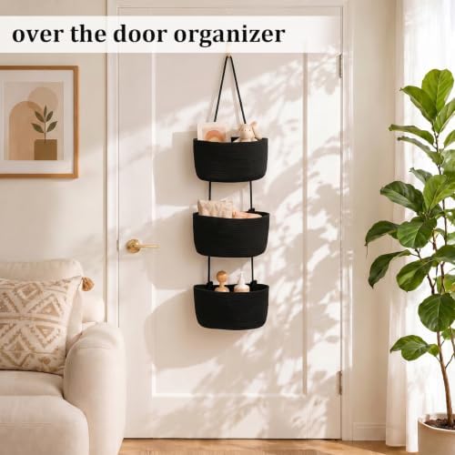TeoKJ Over the Door Hanging Basket, 3-Tier Woven Cotton Wall-Mounted Storage Organizer Bag Decorative Hanging Nursery Baskets, Black