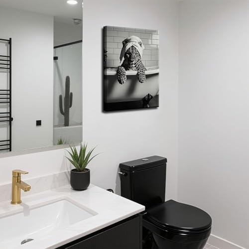 Leopard In Bathtub Canvas Wall Art Trendy Black and White Bathroom Animal Wall Decor Picture FunkyMaximalistLeopard Bathroom Aesthetic Poster Print for Restroom Toilet Decoration 12x16in