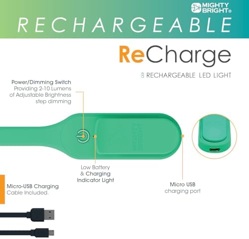 The Original Mighty Bright Recharge Clip On Rechargeable Book Light Reading Light, Warm Eye Care LEDs, Flexible, Durable, Dimmable, Perfect for Kids, Bookworms, Reading in Bed, Lasts 60 Hours (Green)