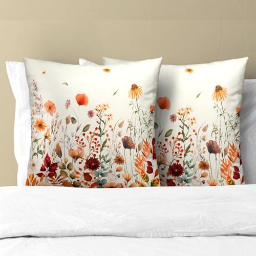 Fall Floral Throw Pillow Covers 20x20inch Set of 2 Autumn Flowers Harvest Pillowcase Wildflower Thanksgiving Farmhouse Seasonal Decorative Cushion Cases for Home Sofa Patio
