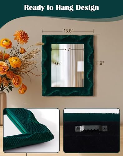 Emerald Green Wavy Vanity Mirror for Living Room Hallway Wall Decor | 14x12",Soft Velvet-like Touch,Accent Mirror for Bathroom Dining Room Hotel Coffee Book Shop,Aesthetic Room Stylers
