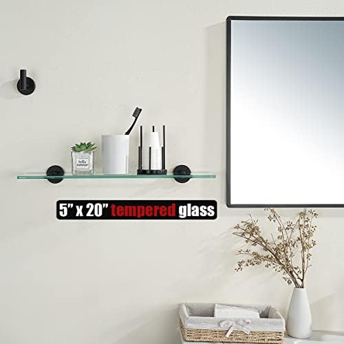 JQK Bathroom Glass Shelf Black, Tempered Glass Shower Storage 20 by 5 inches, 304 Stainless Steel Matte Black Wall Mount, TGS101L20-PB