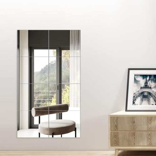 Full Length Mirror Tiles, 12" x 10" x 8PCS Frameless Wall Mounted Mirror | Square Large Wall Mirror Tiles for Home Gym, Bedroom, Door, Bathroom, Frameless Mirror Sets