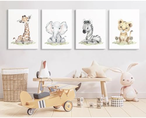 Safari Nursery Wall Art Decor Baby Animal Canvas Wall Art Woodland Nursery Wall Decor Kids Jungle Animal Pictures Safari Giraffe Elephant Tiger Prints for Room Bedroom 12x16x4 Inch Wrapped Canvas