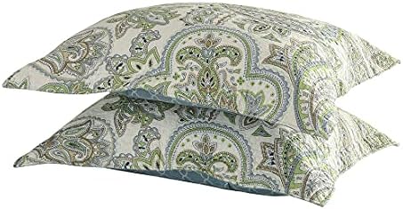 vctops 2-Piece Paisley Printed Cotton Quilted Pillow Shams Vintage Decorative Pillow Covers Boho Pillow Cases Queen Size, Green Print