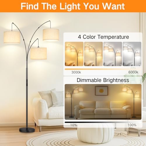 OUTON Arc LED Floor Lamp with Remote & Touch Control, Dimmable Modern Black 3 Light Arched Tall Floor Lamp, Mid Century Adjustable Standing Corner Lamps for Bedroom, Office, Living Room