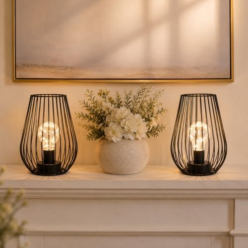 TRIROCKS Metal Cordless Table Lamp - 8'' Tall Set of 2 Cage Shape Battery Operated Lamp with Fairy Lights Bulb for Indoor/Outdoor Use Perfect for Christmas Garden and Weddings (Black,Set of 2)
