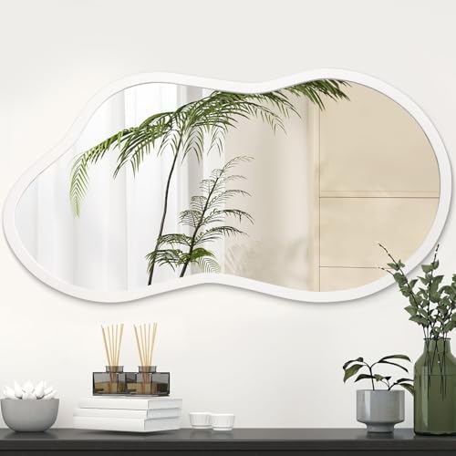 AAZZKANG Irregular Wall Mirror Wooden Large 26"x16" Decorative Hanging Mirrors Asymmetrical for Bedroom Dressing Room Living Room Bathroom Entryway White