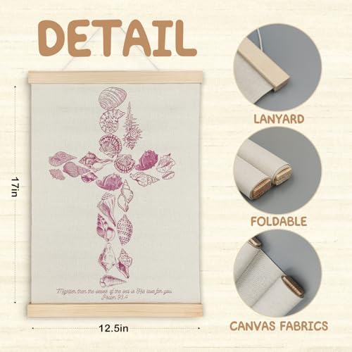 SereneHanctuary Christian Pink Coastal Beach Wall Art, Psalm 93:4 Bible Verses Wall Decor, Seashell Cross Religious Poster Hanger Frame for Girls Bedroom Home Church Decor, 12x16 Inches