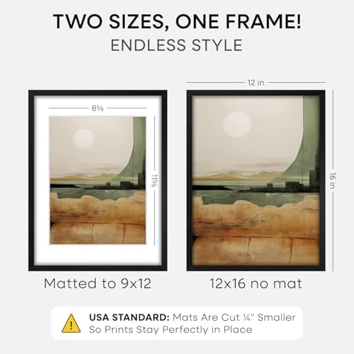 Homeforia 12x16 Black Oak Picture Frame, High-End Wood, 9x12 Mat, Glass
