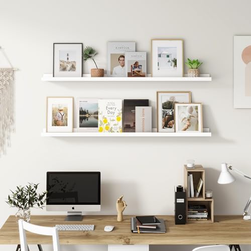 FLYJOE Picture Ledge Shelf, Floating Shelves Set of 2, Solid Pine Wood 55'' Long Large Nursery Book Shelves for Toys Storage, Kids Bookshelf for Living Room Bedroom Decor Books Photo Frames, White