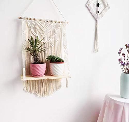 Macrame Wall Hanging Shelf, Wood Hanging Shelf Organizer Hanger, Handmade Cotton Rope Bohomia Woven Home Wall Decor (Flower)