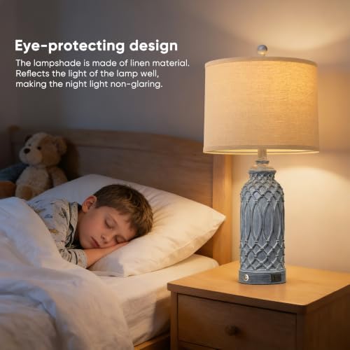 WIHTU 26.5'' Blue Resin Table Lamps, Touch Beside Lamps with USB Ports