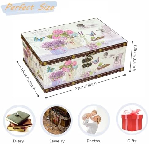 Treasure Box Vintage Wooden + PU Leather Decorative Storage Box With Lid - Trinket, Jewelry & Memento Keepsake Box - Gifts for Kids, Girls, Women & Home Decor (Lavender, Small)