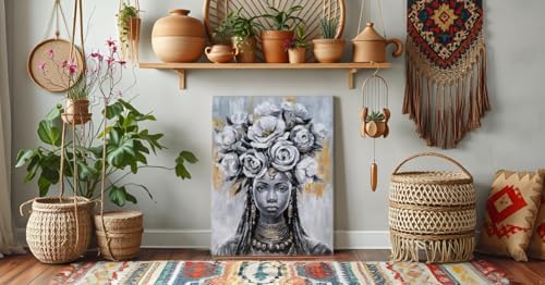 Yihui Arts Black Woman Queen Picture - Modern Hand Painted Textured Canvas Print Wall Art for Living Room, Bedroom, Bathroom Decor