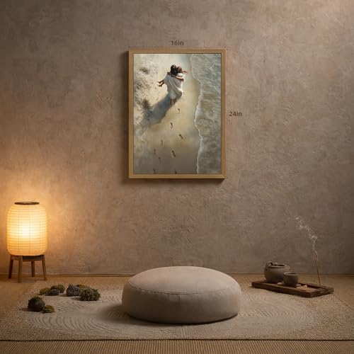 EisEver Jesus Hugging Woman Wall Art, Christian Beach Footprints Wall Decor, Inspirational Religious Faith Artwork, Jesus on Beach Canvas Painting for Church Prayer Room Wood Framed 12x16 Inch