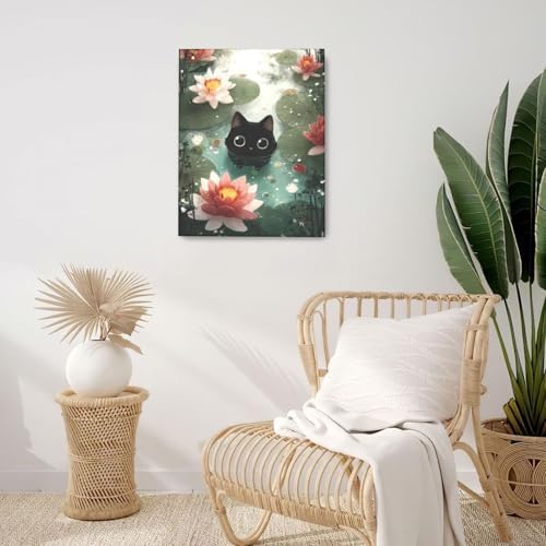 Crekviy Vintage Black Cat Bathroom Decor Wall Art Funny Cat Pictures Water Lilies Canvas Prints Painting Artwork Decorations Gifts for Bedroom Living Room Office Framed 16"x20"