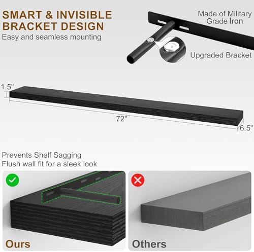 Fun Memories 72Inch Floating Shelves,Wall Mounted Rustic Wood Floating Shelf with Invisible Brackets for Storage & Decor,2 Pack Shelves for Bathroom,Bedroom and Kitchen,Black