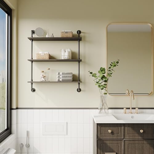3-Tier Industrial Pipe Floating Shelf – Rustic 30 inch Wood Wall-Mounted Storage Shelf for Kitchen Office,Bathroom & Home Decor -Black