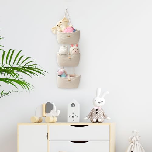 TeoKJ Over the Door Hanging Baskets with Button Strap, 3-Tier Woven Cotton Storage Organizer Bag, Wall-Mounted with Hook Decorative Hanging Kitchen Baskets - White