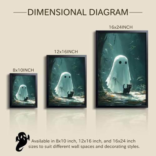 Framed Cute Ghost and Black Cat Wall Art, Whimsical Halloween Canvas Poster Print Picture, Spooky Cute Ghost Painting Aesthetic Wall Decor for Bedroom Living Room Bathroom Home Decoration 12x16 Inch