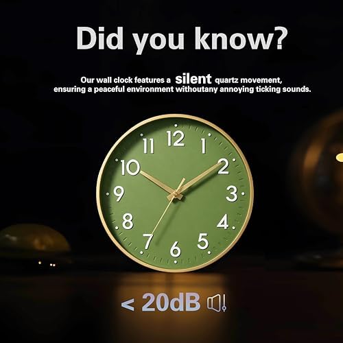 Mosewa 14 Inch Wall Clock Battery Operated Silent Non Ticking Analog | Olive green & gold modern clock; oversized 3D easy-read dial for kitchen, bedroom & office; 1 AA battery (not included)
