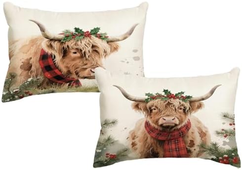 Highland Cow Decorative Throw Pillow Covers with Red Scarf Holly Berries 12x20 Inch Farmhouse Rustic Cushion Cover Winter Holiday Cows Lumbar Pillowcase 2Pack for Couch Sofa(Red)