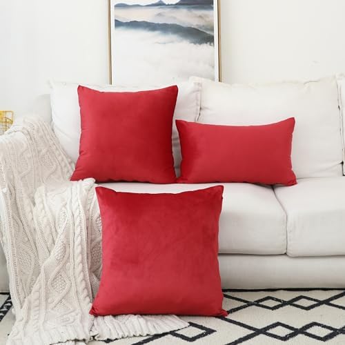 Home Brilliant Red Pillow Covers Lumbar Pillow Cover 12 x 20 Velvet Rectangle Pillow Covers for Couch Sofa Bed, Set of 2, 12x20, Ruby Red