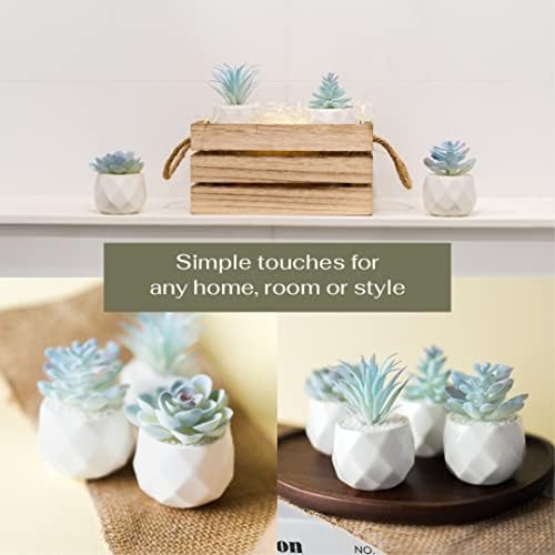 VIVERIE Mini Blue Artificial Succulent in Pots (White Ceramic, 4 Pot Set) Fake Plants for Indoors, Office Decor Gift for Women, Office Home Decor Gifts, Faux Plant for Shelf/Desk/Bathroom Decor