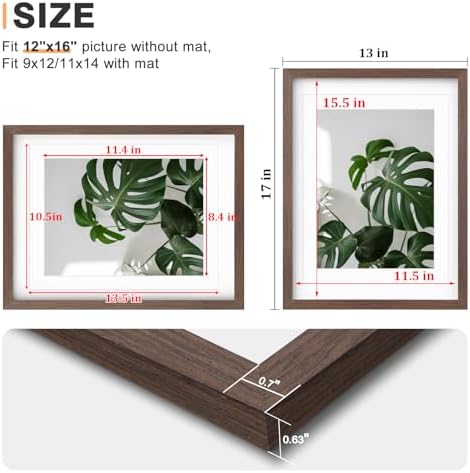 Egofine 12x16 Picture Frames Set of 4, Made of Solid Wood Covered by Plexiglass 9x12 and 11x14 with Mat or 12x16 without Mat, for Wall Mounting Photo Frame Brown