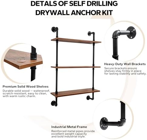 3-Tier Industrial Pipe Floating Shelf – Rustic 36 inch Wood Wall-Mounted Storage Shelf for Kitchen Office,Bathroom & Home Decor -Walnut
