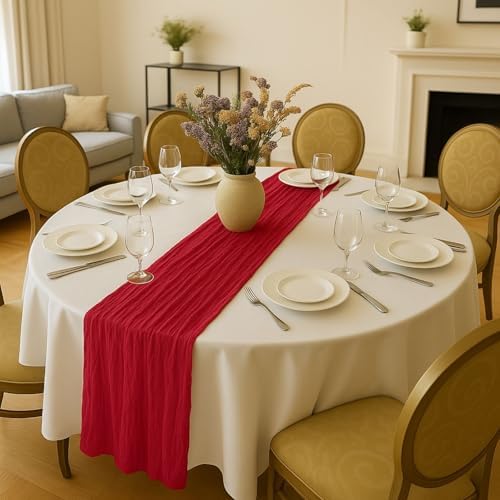 12 Pack Red Cheesecloth Table Runner Set – 10FT x 12pcs Gauze Boho Table Runners for Wedding Party Bridal Shower Baby Shower Dinner Holiday Rustic Decorations