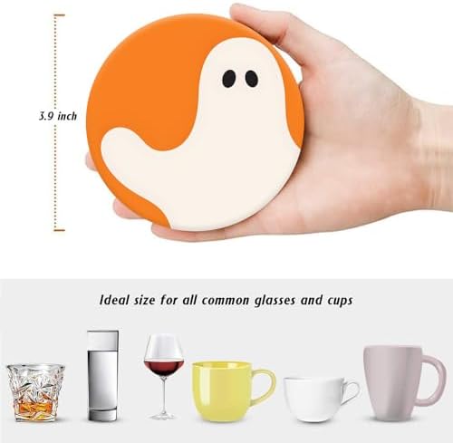Drink Coasters for Drinks Set of 6, Green Black Orange Halloween Absorbent Round Ceramic Stone Mat Coaster, with Cork Base and Metal Holder, Home Bar Decor House Warming Gift