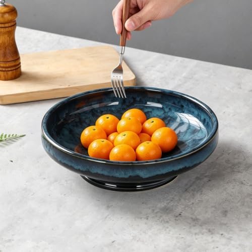 Ceramic Fruit Bowl for Kitchen Counter,Decorative Pedestal Bowl for Table Countertop,Japanese Stye Large Footed Serving Bowl,10.2 Inch (Starry Blue)