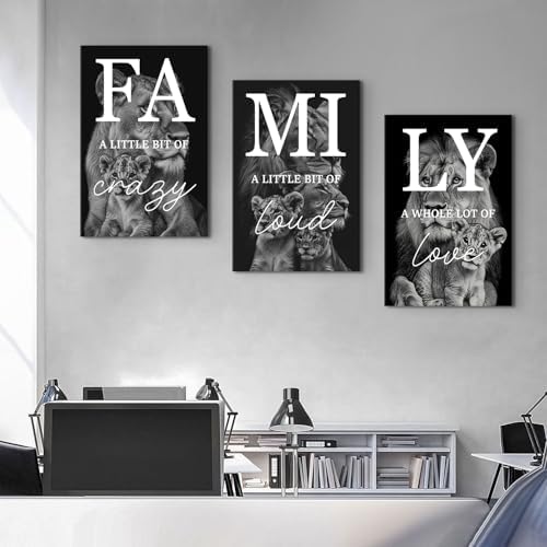Family Wall Art Black and White Lion Pictures Wall Decor Inspirational Canvas Prints Family Sign Pictures Lioness Cub Painting Poster Modern Artwork for Bedroom Living Room Decoration 16x24" 3Pcs