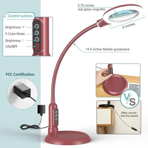 10X Magnifying Glass with Light and Clamp, 5 Color Modes Stepless Dimmable Lighted Magnifier with Stand, Flexible Gooseneck LED Desk Lamp Hands Free for Craft Painting Hobby Close Work - Red