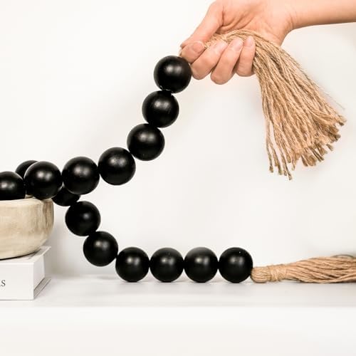 Extra Large Wood Bead Garland With 1.4" Diameter Beads, Wooden Tassels, Decorative Home Decor, Farmhouse Decor (Black, 58 Inches)